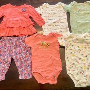 Lot: Carter's Floral Leggings and Coral Top Set & Set of 4 Spring Bodysuits 3-6M